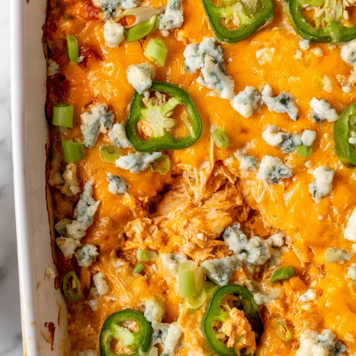 Creamy Jalapeno Buffalo Chicken Casserole topped with blue cheese crumbles and green onions