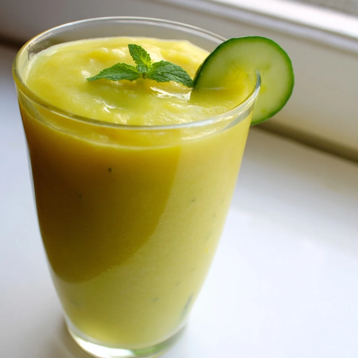 Tropical mango cucumber smoothie blended until silky smooth and served ice cold