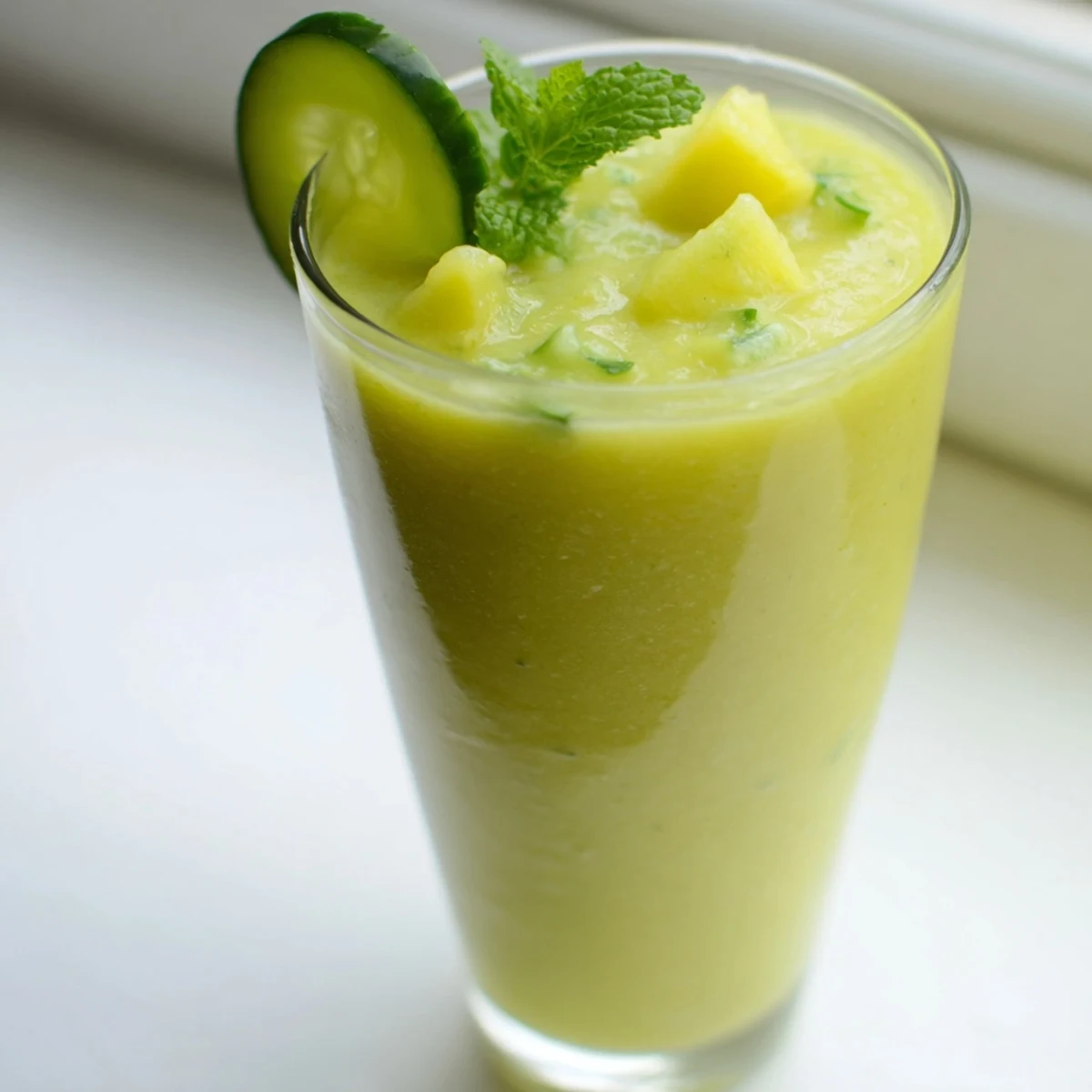 Creamy mango cucumber smoothie poured into a glass with fresh mint garnish