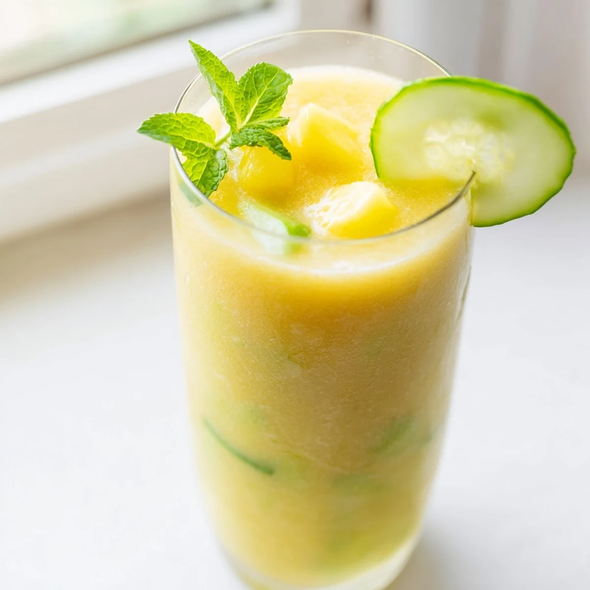 Vibrant yellow mango cucumber smoothie in two tall glasses on a wooden counter