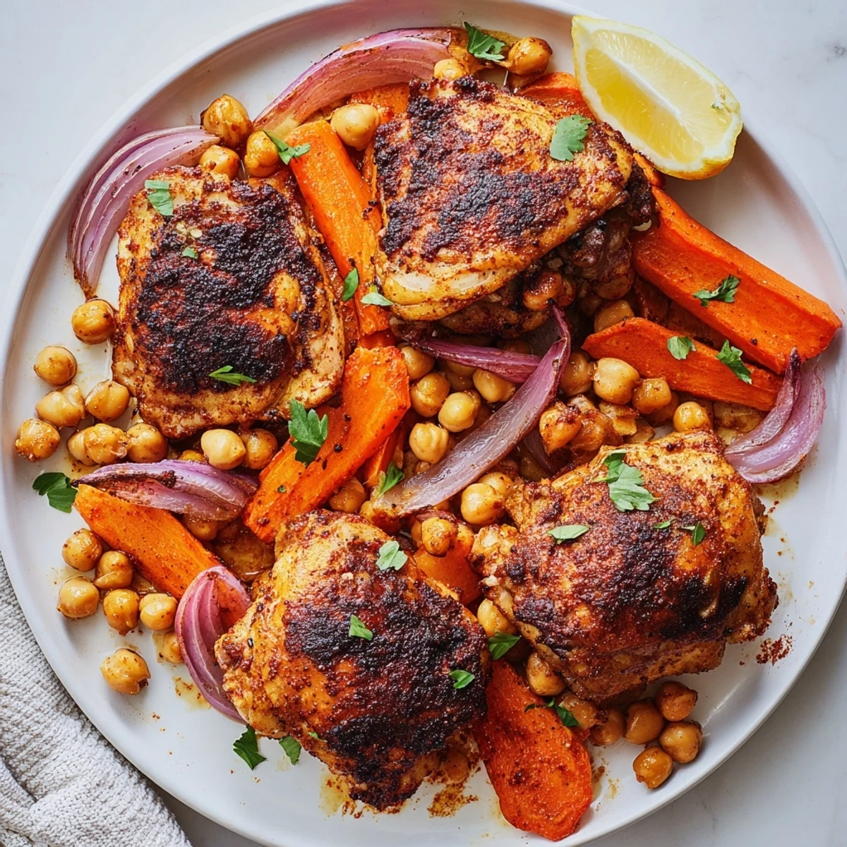 Golden sumac chicken roasted with carrots and chickpeas on a rustic sheet pan