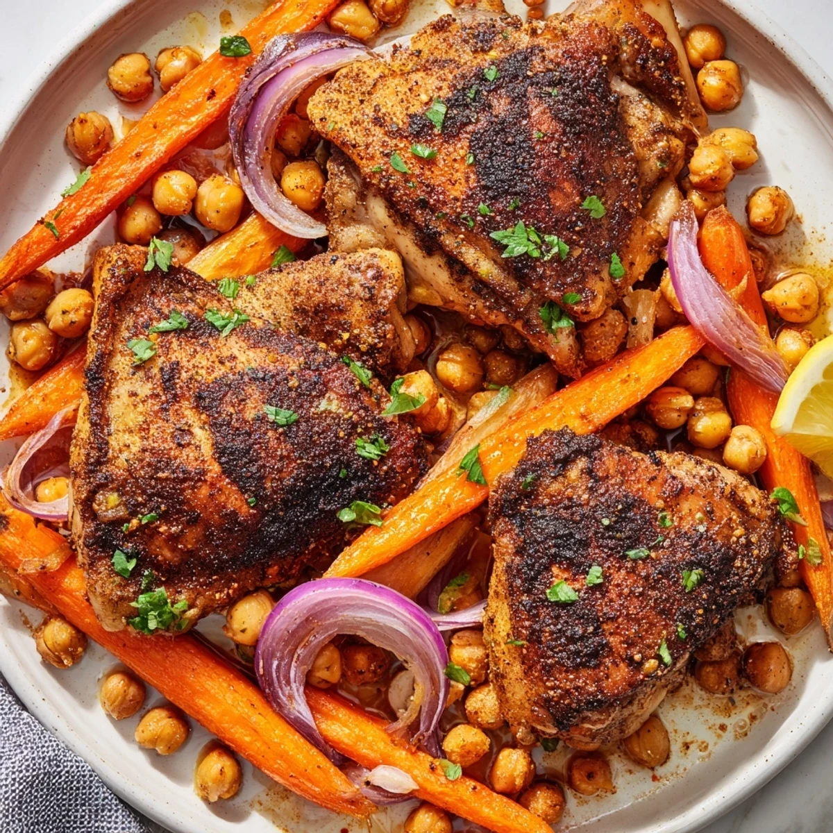 Tender sumac chicken with caramelized carrots and chickpeas garnished with fresh parsley