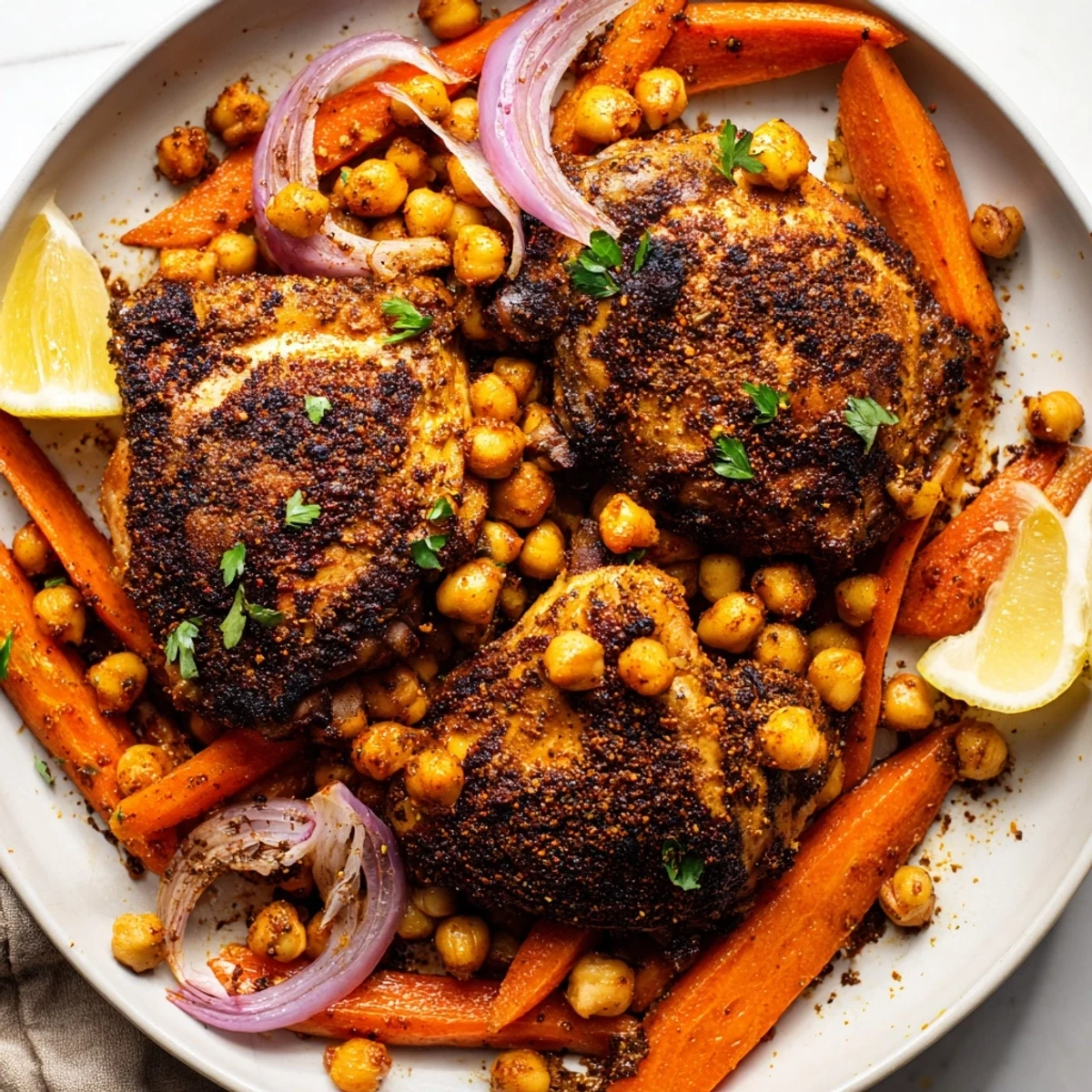 Juicy sumac chicken served over roasted carrots and chickpeas with bright lemon wedges