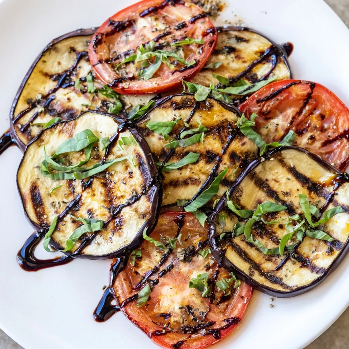Tender charred grilled tomato eggplant drizzled with balsamic glaze and fresh basil