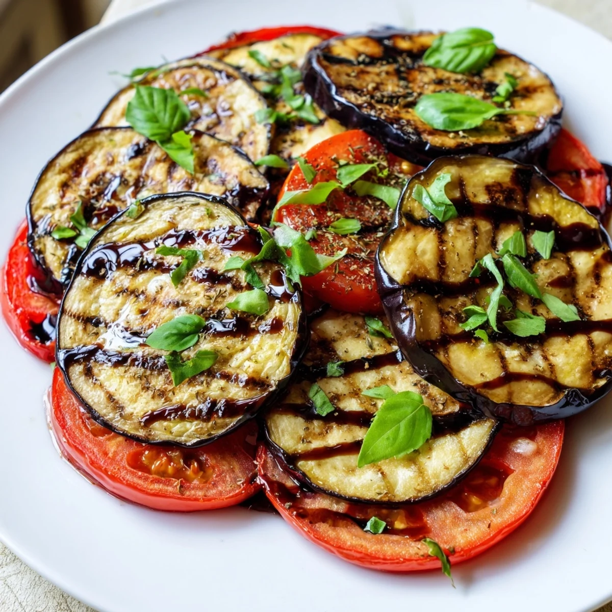 Smoky grilled tomato eggplant slices layered on a rustic Mediterranean serving platter
