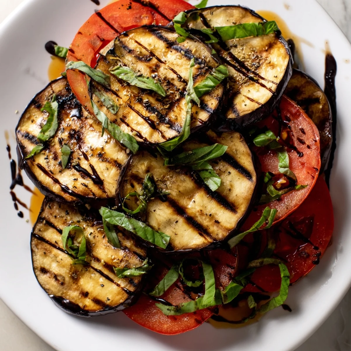 Golden grilled tomato eggplant rounds with visible grill marks on a wooden board