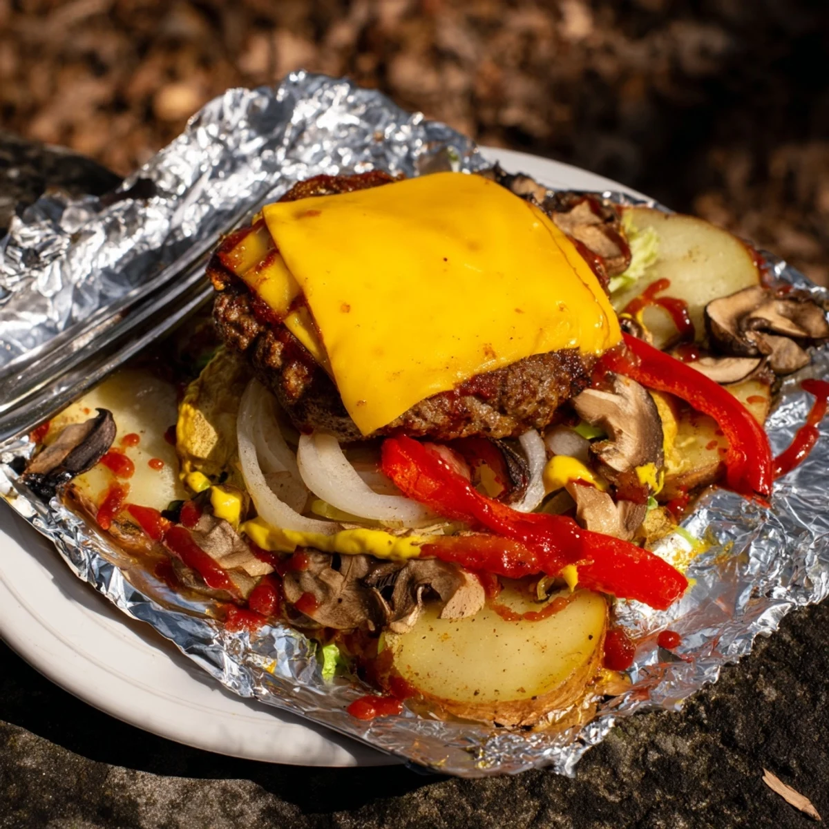 Golden campfire cheeseburger hobo packets with melted cheddar and tender vegetables inside foil