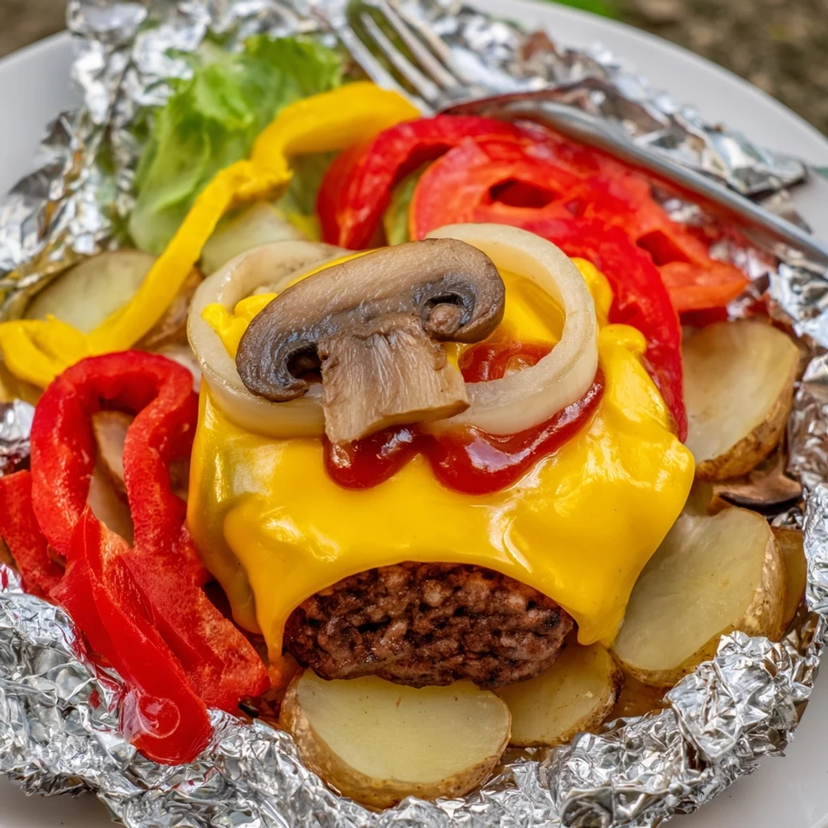 Steaming campfire cheeseburger hobo packets opened to reveal juicy beef and roasted potatoes