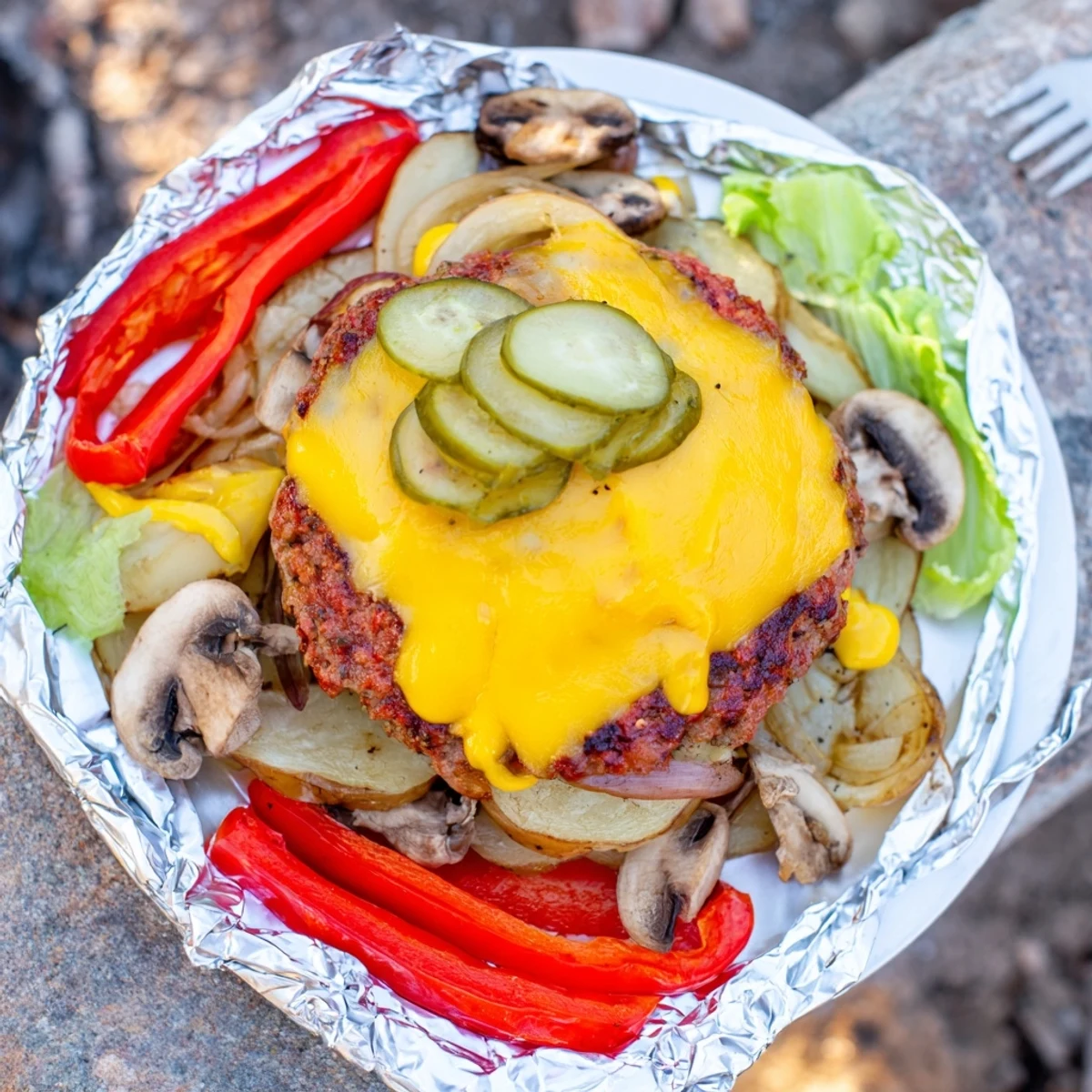 Campfire cheeseburger hobo packets served with pickles lettuce and melted cheddar over seasoned beef