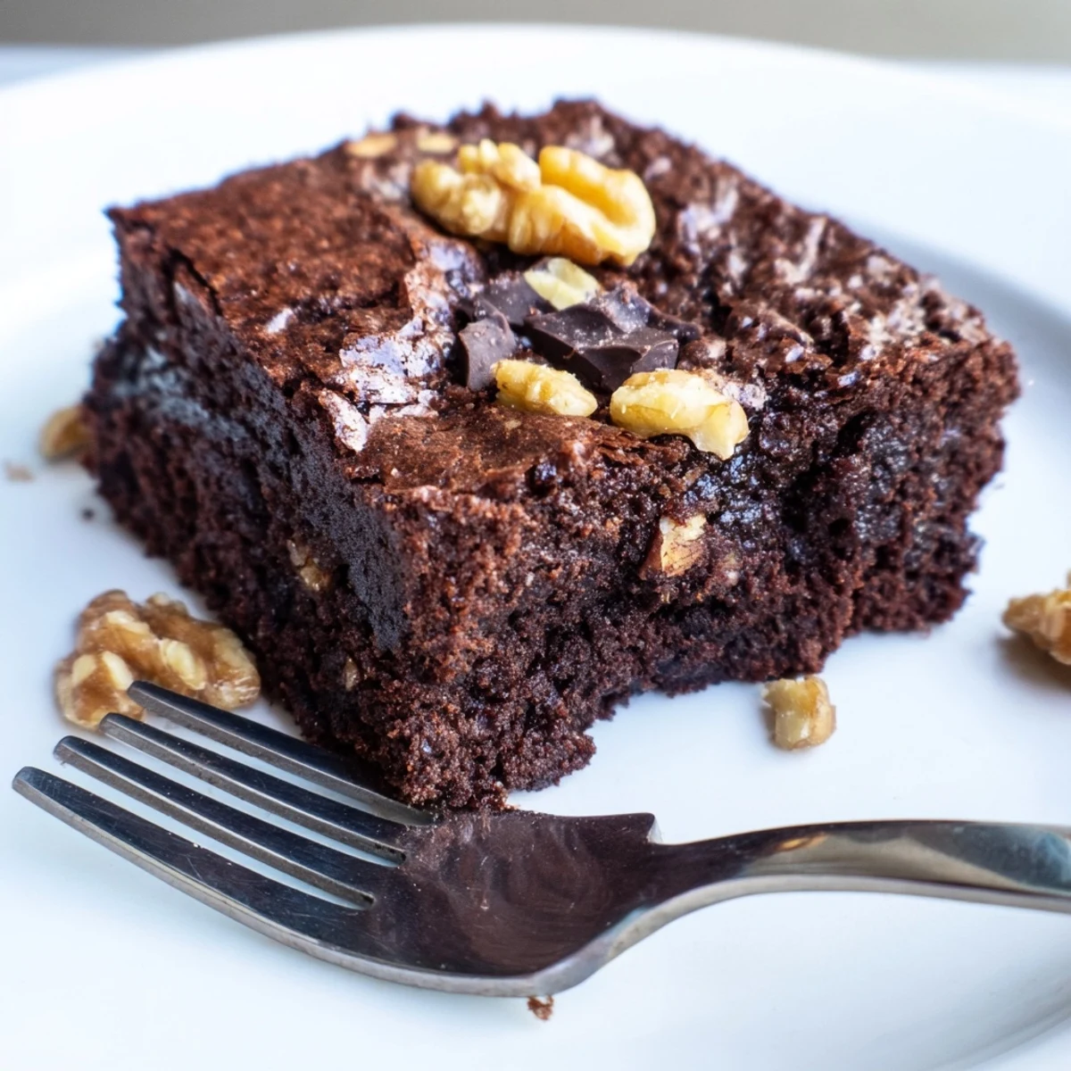 Thick fudgy ultimate brownies studded with dark chocolate chunks and toasted walnut pieces
