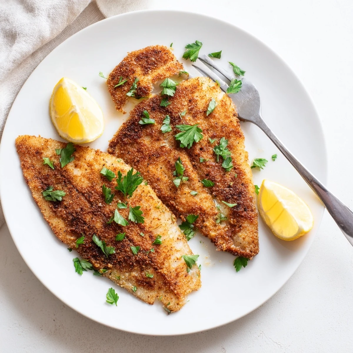 Golden pan fried tilapia fillet plated with fresh parsley and lemon wedges