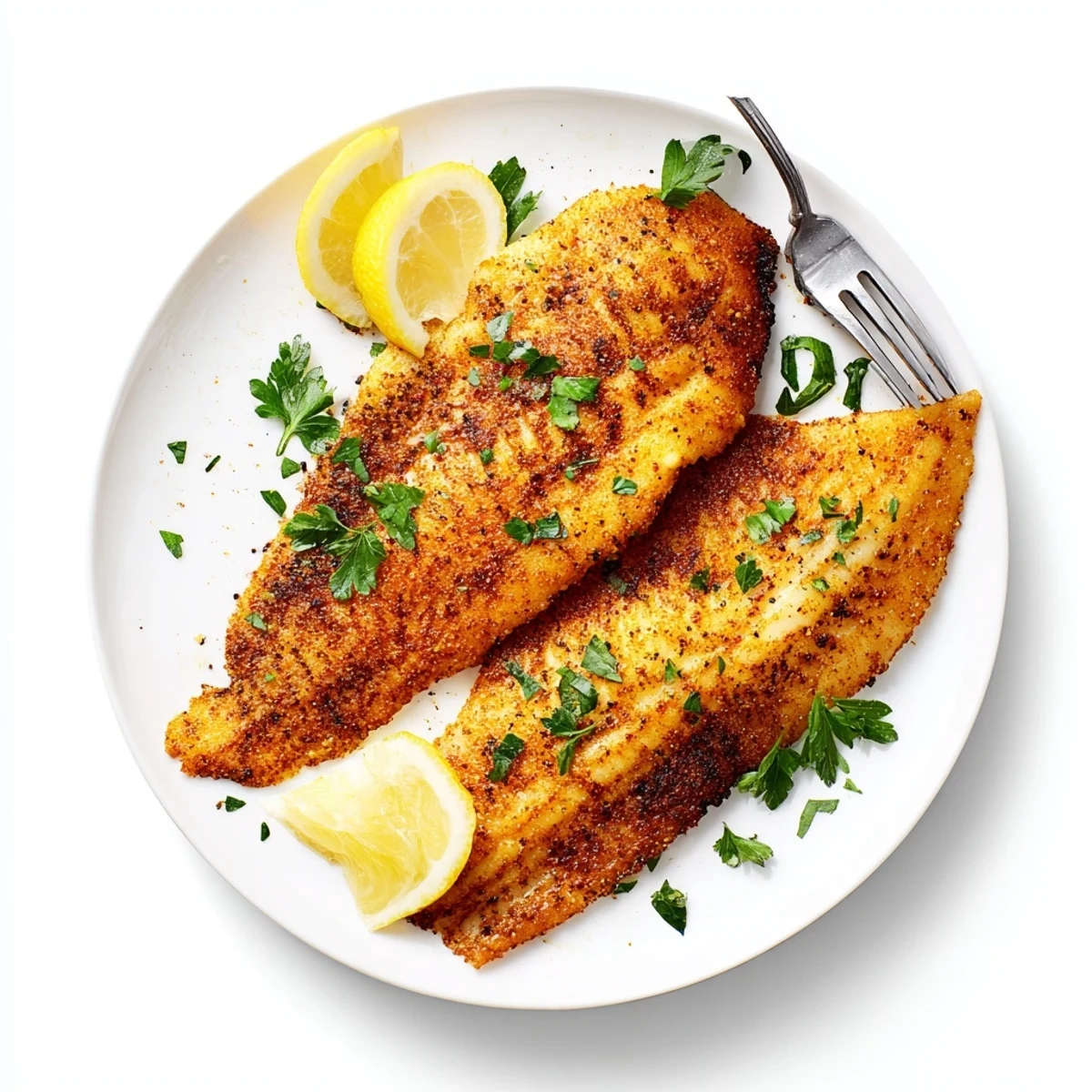 Perfectly browned pan fried tilapia garnished with chopped parsley on a white plate