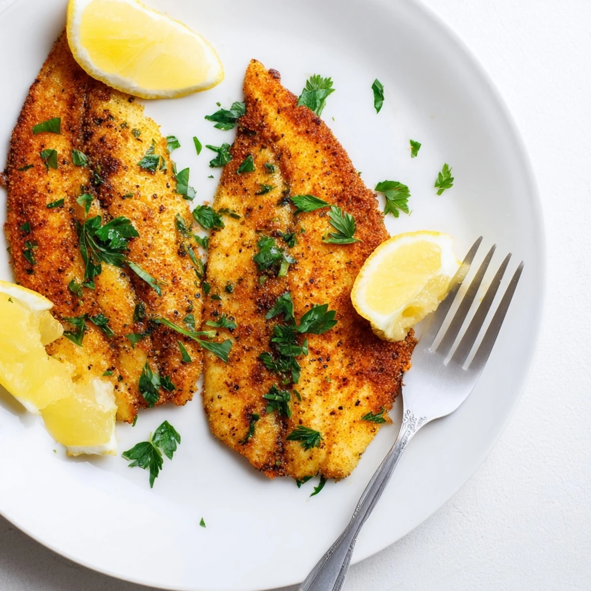 Crispy skillet pan fried tilapia served hot with steamed vegetables on the side