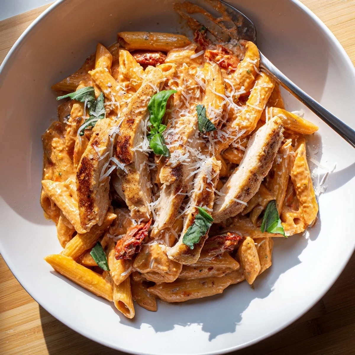 Creamy Copycat Sun Dried Tomato Marry Me Chicken Pasta in a rich golden sauce
