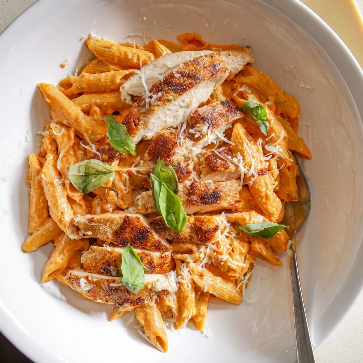 Tender seared chicken over Copycat Sun Dried Tomato Marry Me Chicken Pasta with fresh basil