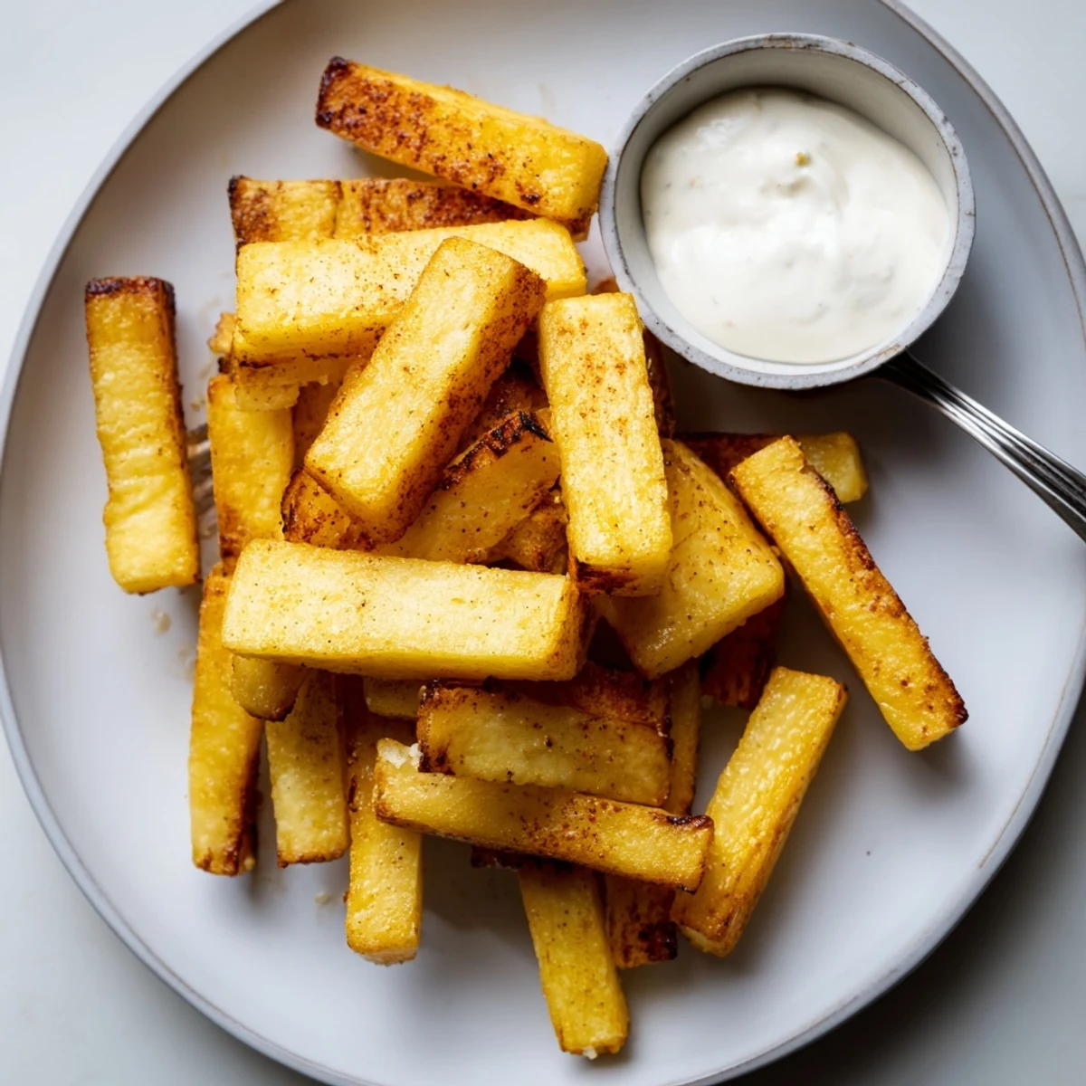 Golden baked cottage cheese fries with crispy edges served with garlic aioli dipping sauce