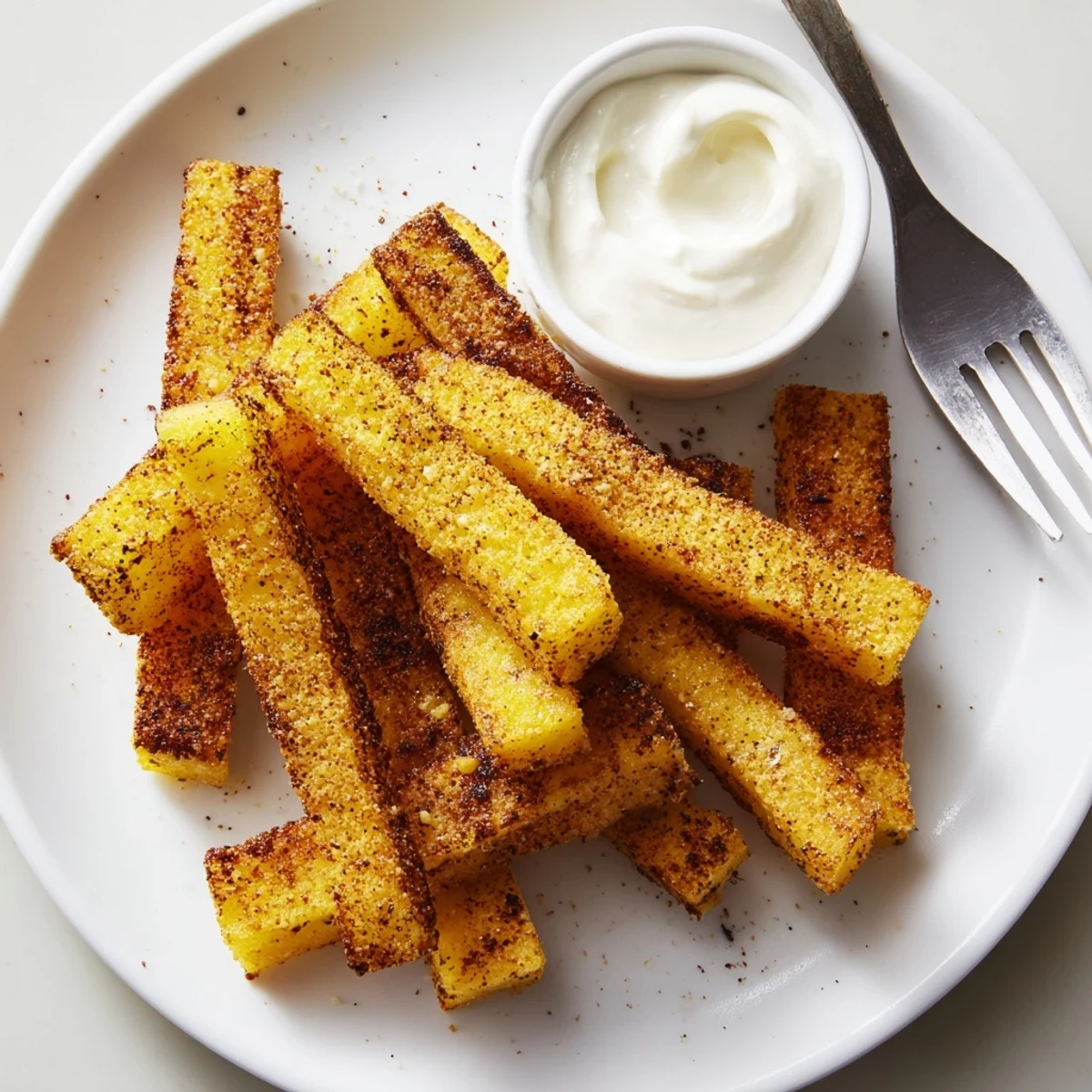 Crispy baked cottage cheese fries arranged on parchment paper alongside a creamy yogurt dip