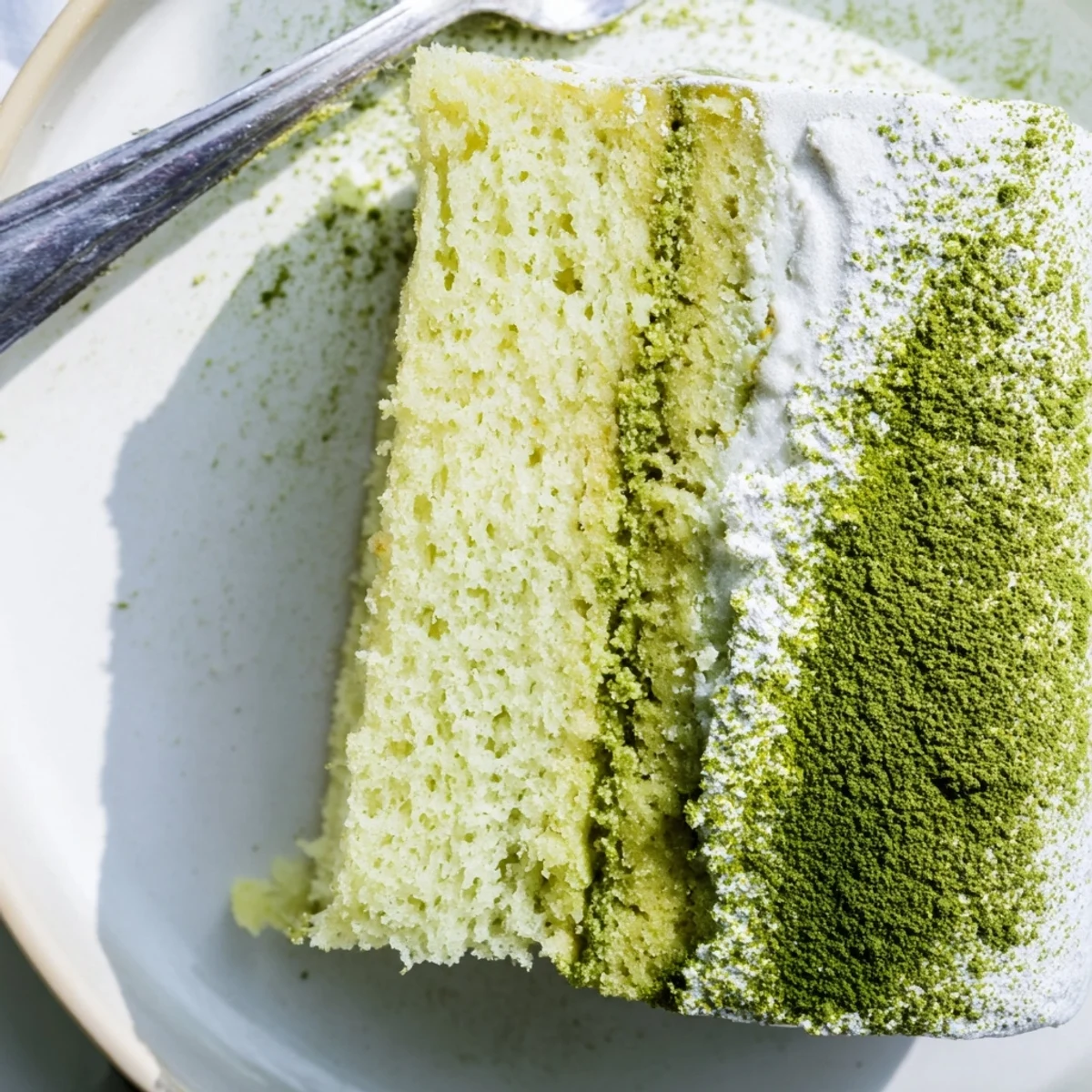 A slice of tender matcha cake with a dusting of vibrant green tea powder on a white plate