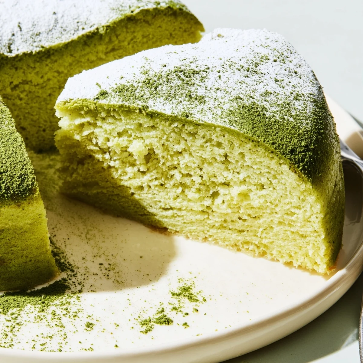 Fluffy matcha cake baked to golden-green perfection, served on a rustic dessert stand with tea