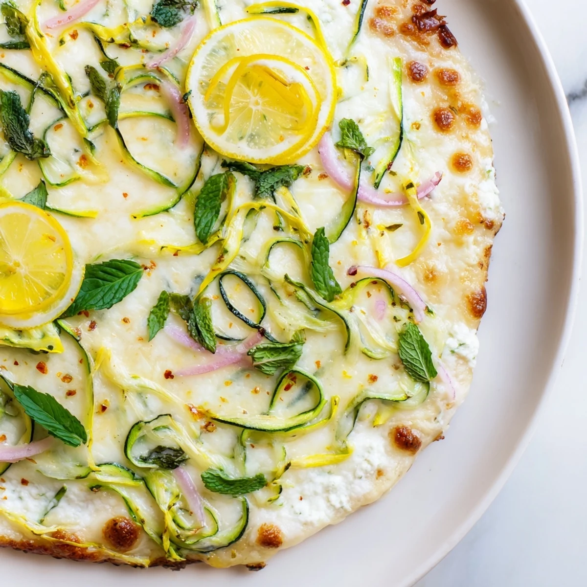 Golden zesty summer lemon pizza with bubbling cheese, fresh herbs, and tangy lemon slices