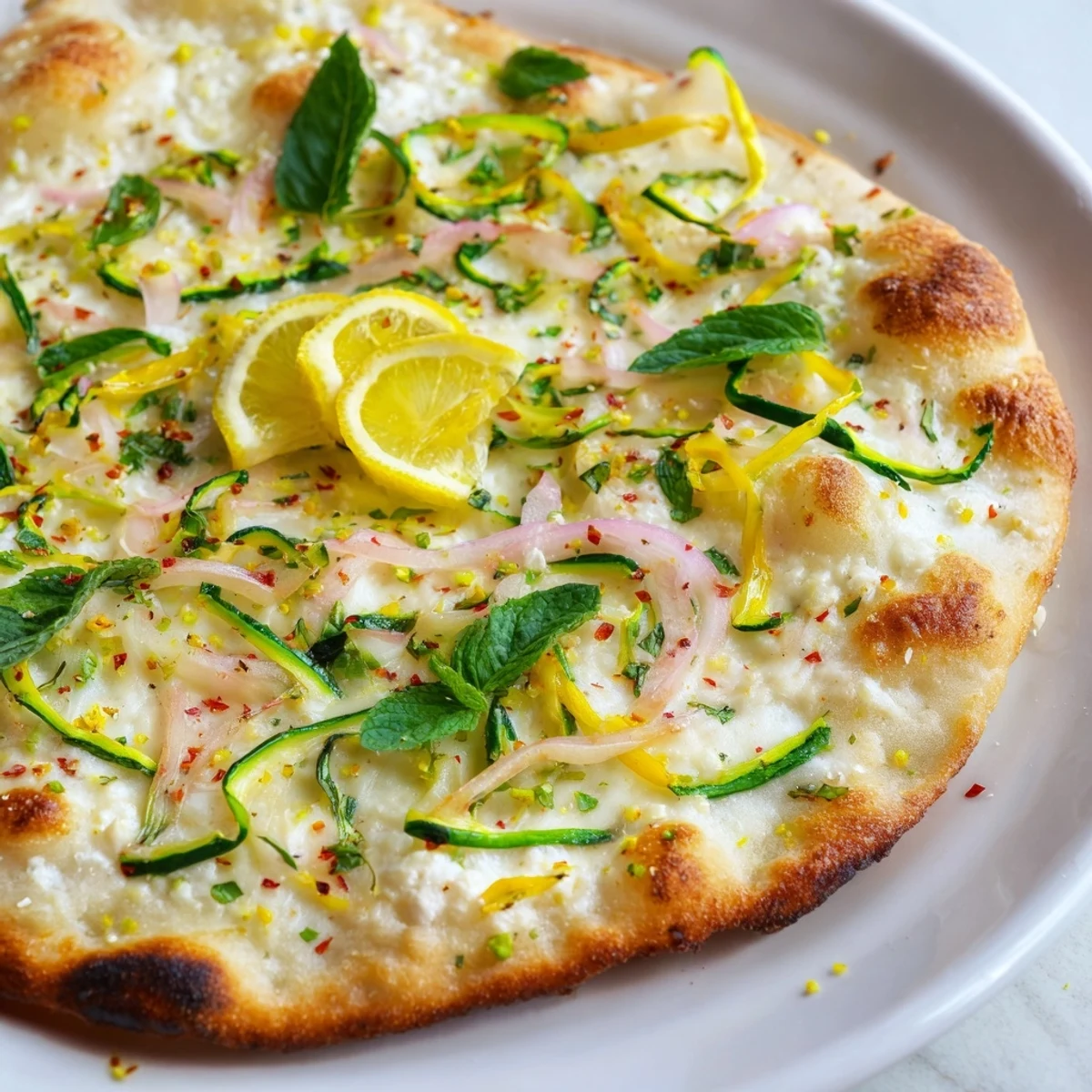 Zesty summer lemon pizza garnished with basil ribbons, zucchini, and thin lemon wedges