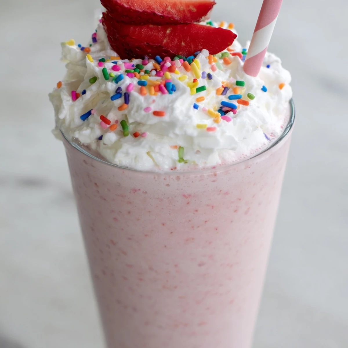 Thick strawberry milkshake blended with fresh berries and served ice-cold