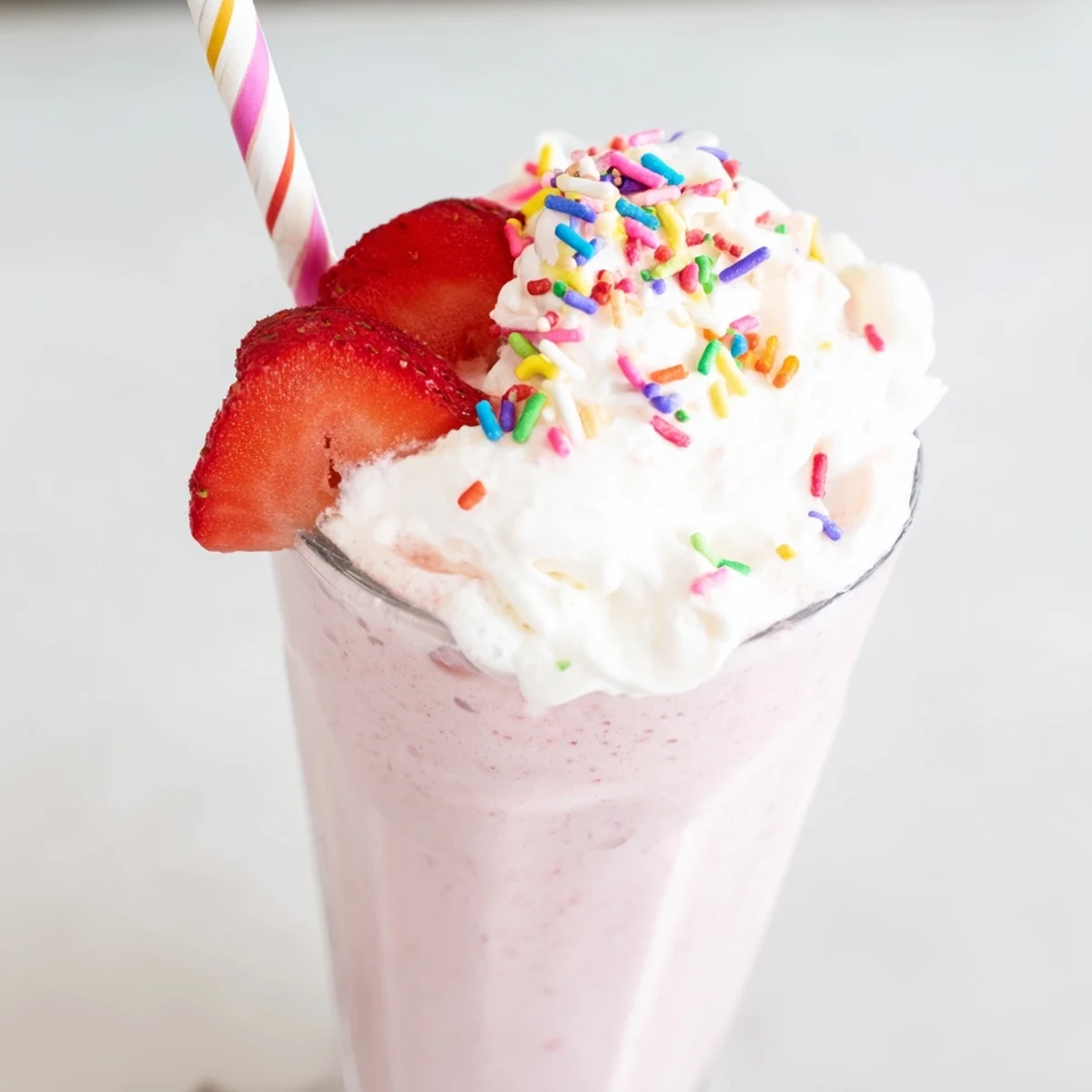 Rich strawberry milkshake garnished with fresh fruit and a colorful straw