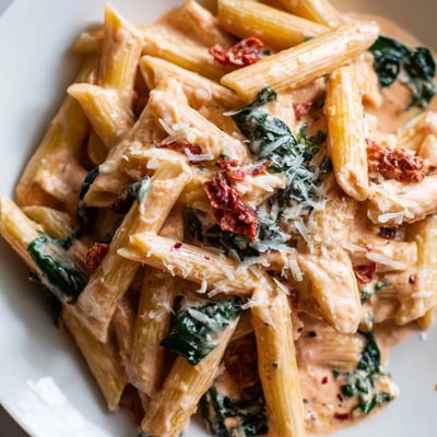 One Pan Creamy Sun Dried Tomato Spinach Pasta