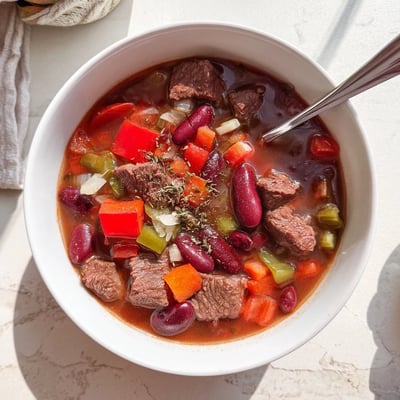 Hearty beef and bean soup delight simmered with carrots, celery, and kidney beans in rich broth
