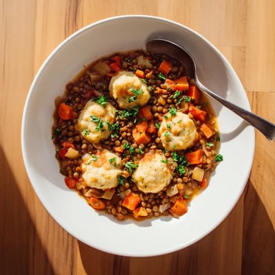 Hearty lentil stew with tender vegetables topped with light and airy homemade dumplings