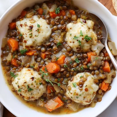 Hearty bowl of Lentils With Dumplings topped with parsley, warm comfort spoon-ready