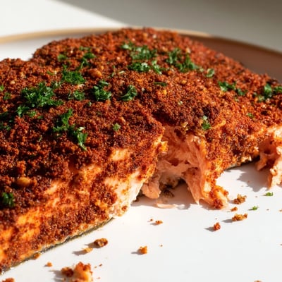 Perfectly flaked Oven Baked Cajun Salmon garnished with fresh parsley and bright lemon wedges