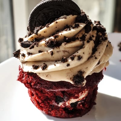 Soft red velvet cupcakes studded with Oreo pieces and swirled with tangy cream cheese frosting