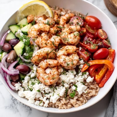 Golden seared Greek Shrimp Mediterranean Bowl drizzled with bright lemon herb dressing