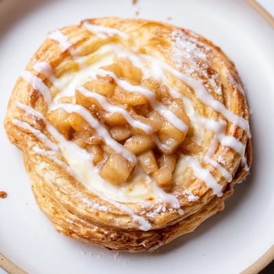 Flaky Apple Cheese Danishes topped with cinnamon spiced apples and creamy filling